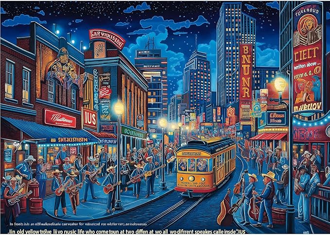 500 Piece Puzzles for Adults Clearance, Street Blues Cityscape Vintage Night Scene with Musicians Hard Difficult Challenging Unique Puzzles for Gifts Party Games Family Fun, 23" X 15" Dust Free