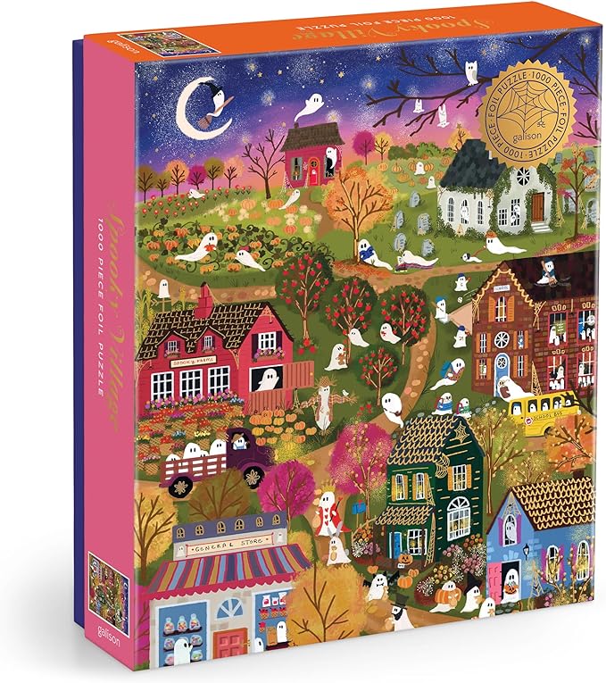 Galison Spooky Village – 1000 Piece Foil Joy Laforme Jigsaw Puzzle Featuring Spooky Artwork of Ghostly Village During Halloween