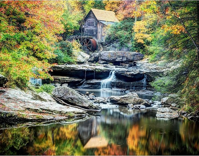 1000 Piece Puzzle for Adults - Scenic Autumn Grist Mill with Waterfalls, Gift-Ready Box, Letters on Back, 8 Jigsaw Puzzle, Saver Sheets & Full-Size Poster by GERJATO - Ideal Gift for Loved Ones