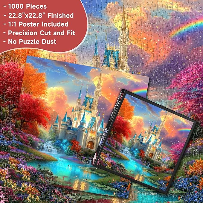 Enchanted Rainbow Castle 1000 Piece Jigsaw Puzzle for Adults - Fantasy Castle with Waterfalls & Autumn Trees, Poster & Lettered Back, 22.8" Square HD Quality, Unique Gift for Fairy Tale Lovers