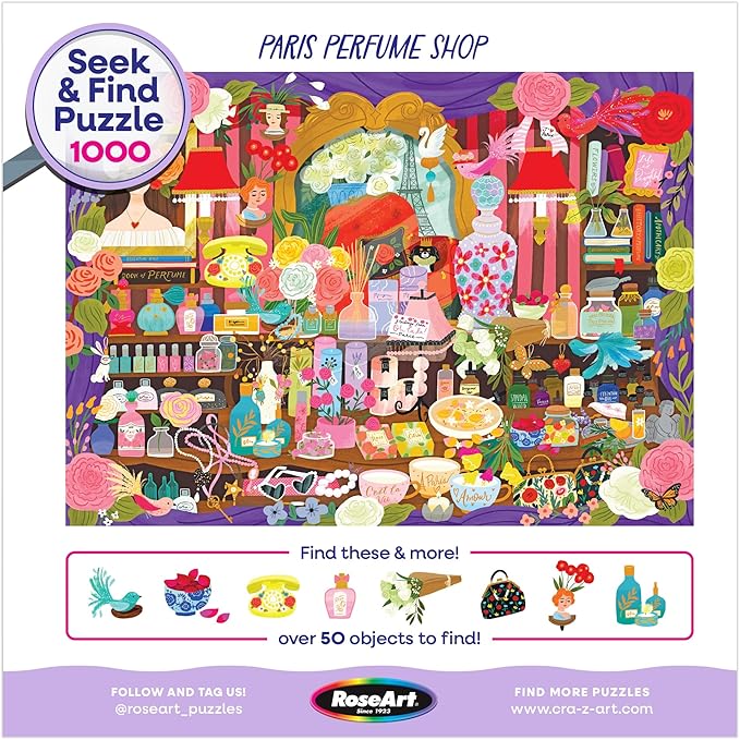 RoseArt - Seek & Find - Paris Perfume Shop - 1000 Piece Jigsaw Puzzle for Adults, Hidden Object Puzzle, Elegant Boutique Scene, Premium Puzzle with Bonus Poster