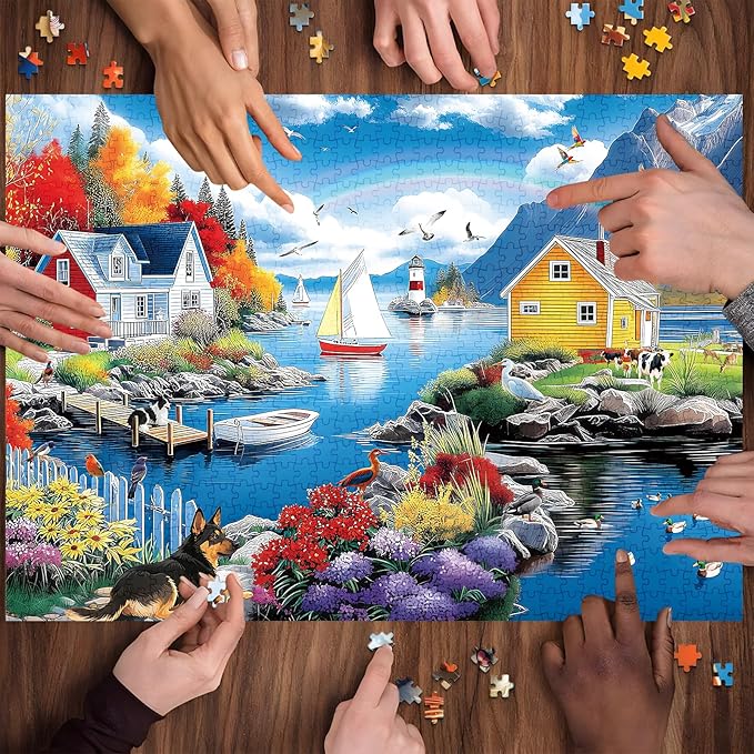 300 Piece Puzzles for Adults, 300 Piece Puzzles for Adults Large Piece, Village Lighthouse Dog Bird Rainbow Jigsaw Puzzle, Challenging Puzzle Perfect for Game Nights, 20.5 X 15 in