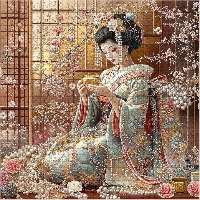 PICKFORU Elegant Geisha Puzzles for Adults 1000 Pieces, Retro Kimono Cherry Blossom Jigsaw Puzzles, Japanese Art Puzzle as Wall Art Decor