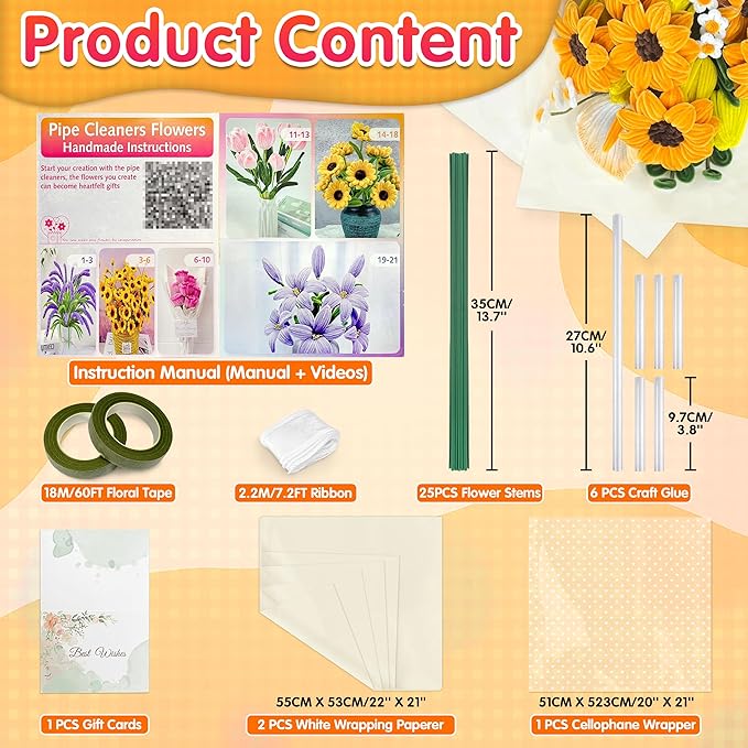 LINAYE 500 PCS Pipe Cleaners Craft, 6 Colors Pipe Cleaners Flowers Kit, Chenille Stems for Crafts with Instruction Wrapping Paper, Stems Art and Craft Supplies Yellow
