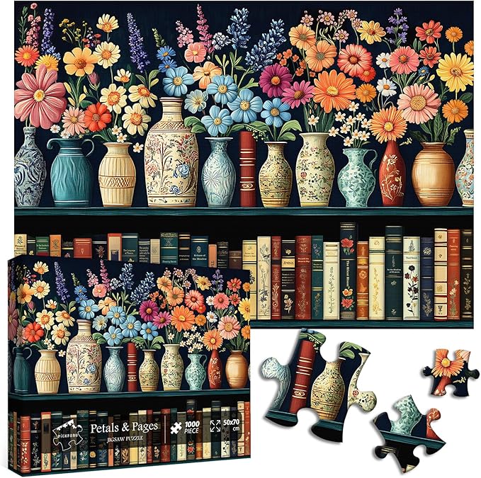 Wildflower Puzzles for Adults 1000 Pieces, PICKFORU Vintage Flower Book Puzzle, Wildflower Pages Jigsaw Puzzle for Book Lover, Floral Art Bookshelf Library Puzzles