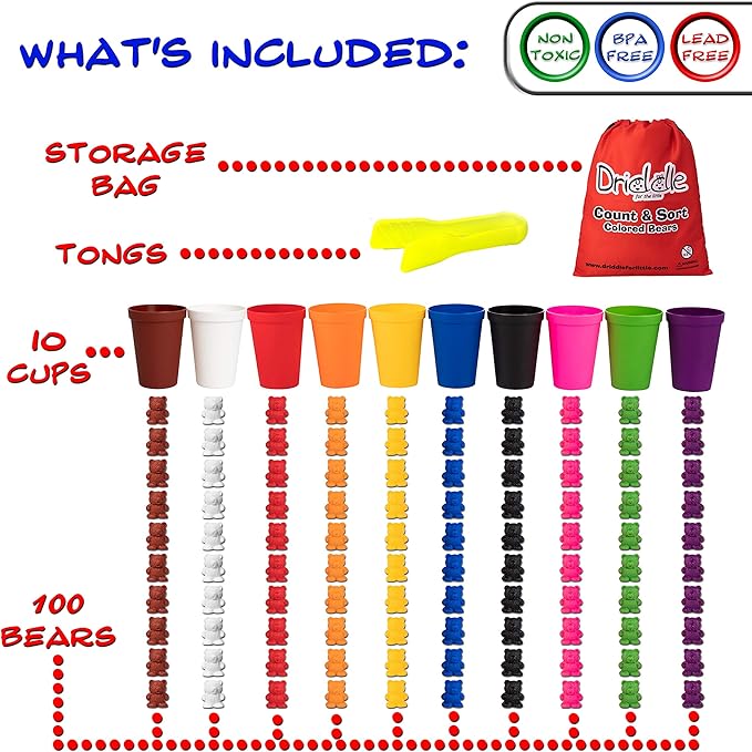 Driddle Colorful Counting Bears with Matching Cups - 100 Bears - Sort, Count & Color Recognition Learning Toy for Toddler & Kids - Montessori Education - Preschool Game