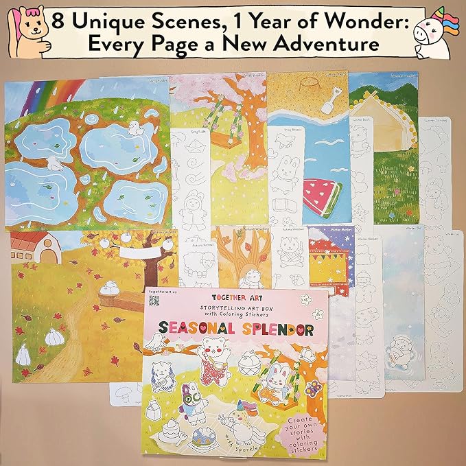 Seasonal Splendor Color Your Own Storytelling Sticker Kit – Coloring Your Own Stickers DIY Set for Kids 4-10 – 8 Hand-Drawn Seasonal Scenes – Designed & Assembled in USA