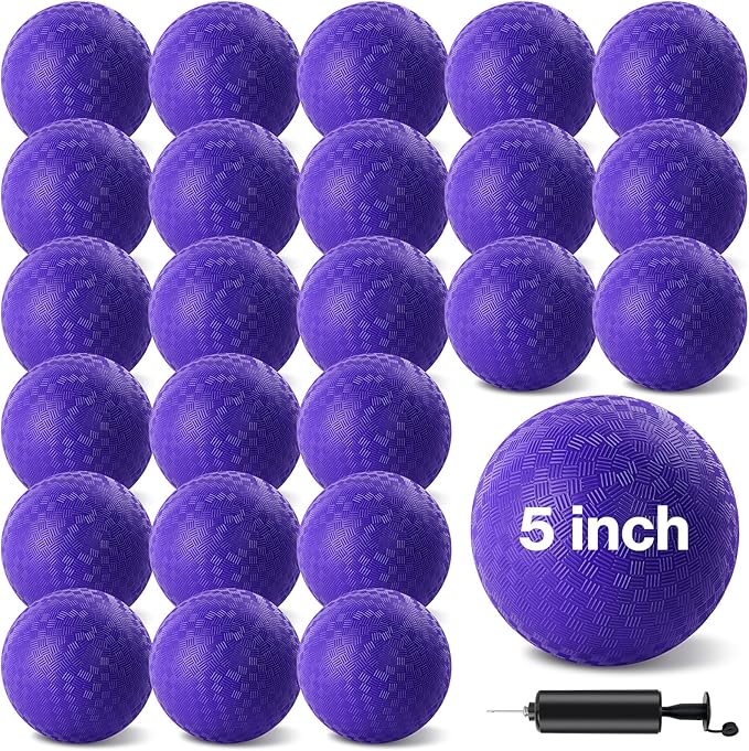 24 Pcs Dodgeballs 5 Inch Playground Ball Purple Kickball Inflatable Rubber Handball Bouncy Dodge Ball with 1 Hand Pump for Outdoors Ball Games Gym Camps Picnic (Purple)