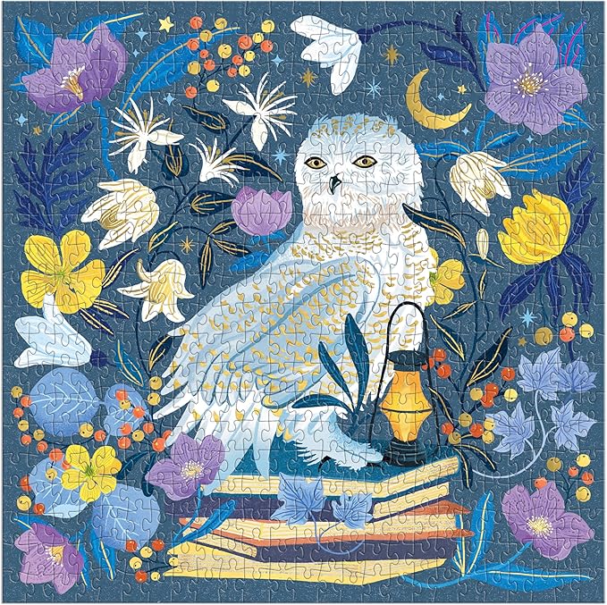 Galison Celestial Owl – 500 Piece Foil Jigsaw Puzzle Featuring Charming Artwork of A Owl Perched On Books Under The Moonlight