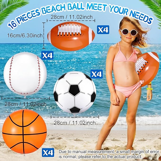 Sosation 16 Pcs Inflatable Sports Balls 16 Inch Inflatable Beach Ball Blow up Sports Party Decorations Swimming Pool Summer Pool Toys for Indoor Outdoor Beach (Assorted Ball)