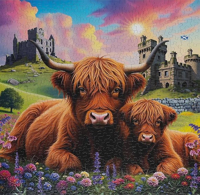 Springbok Highland Cows in The Countryside 500 Piece Jigsaw Puzzle for Adults and Family - Unique Cut Pieces - Made in USA