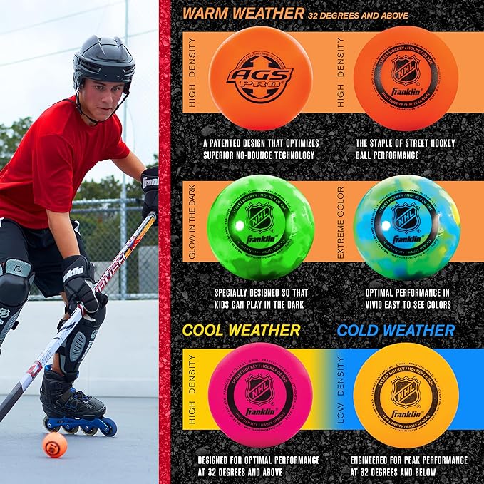 Franklin Sports NHL Street Hockey Balls - No Bounce Outdoor Street + Roller Hockey Balls - Official Size for Youth + Adult Street Hockey - Assorted Colors - 1, 2, 3, and 15 Bulk Packs