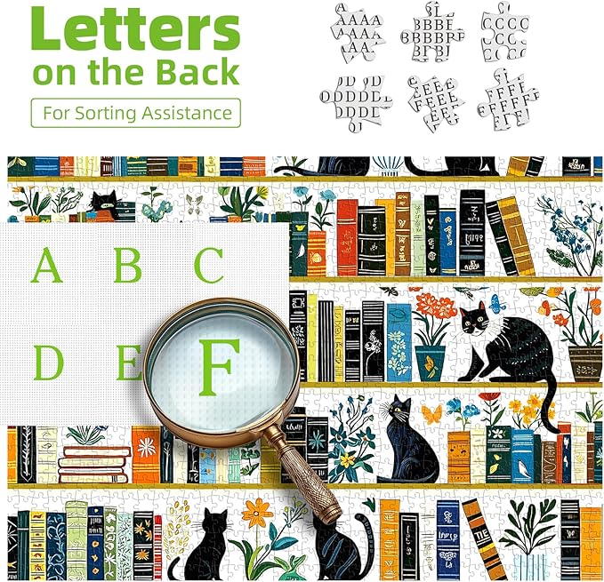 MINIWAN Aesthetic Black Cat Bookshelf 500 Piece Jigsaw Puzzle for Adults, Vintage Botanical Flower Art Puzzle, Large Piece Puzzle for Seniors Gift for Cat and Book Lovers 20x20 Inch
