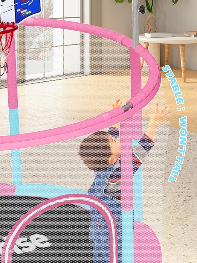 BLUERISE 55IN 6FT Toddler Trampoline for Kids Indoor Outdoor Play for Kids Trampoline Basketball Hoop Attachment with Enclosure Net Easy to Assemble