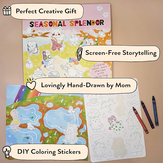 Seasonal Splendor Color Your Own Storytelling Sticker Kit – Coloring Your Own Stickers DIY Set for Kids 4-10 – 8 Hand-Drawn Seasonal Scenes – Designed & Assembled in USA
