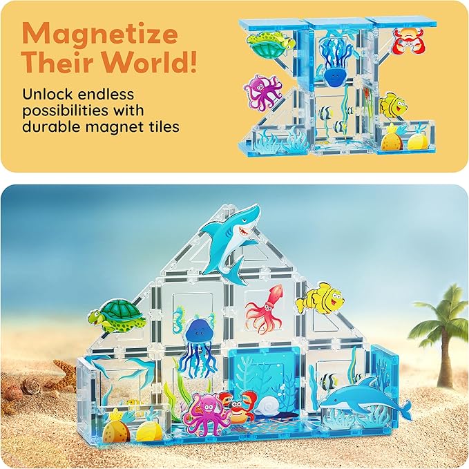 PicassoTiles Magnet Tile Building Blocks 8 Marine Animal Action Figures Compatible Magnetic Accessory Playset Tiles Kids Toys STEM Educational Learning Preschool Toddler Girls Boys Age 3+ PTA25