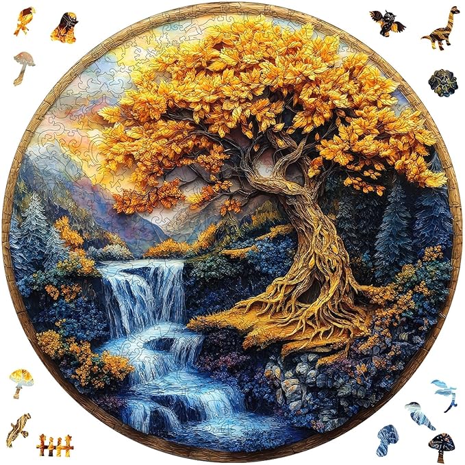 Qiuenisray Wooden Puzzles for Adults, Tree of Life Waterfall River Jigsaw Puzzles 200 Piece, FSC Certified Unique Shape Puzzles Piece, Wall Decor Wood Puzzle Creative Gift for Family Game 11.2x11.2 in