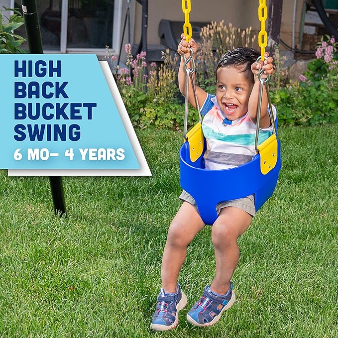 Original High Back Full Bucket Toddler Swing Seat with Plastic Coated Chains and Carabiners for Easy Install - Blue - Squirrel Products