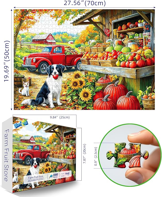 Blueforest 1000 Piece Puzzle for Adults - Autumn Farm Harvest & Pet Scene, 27.5x19.7 Inches Premium Jigsaw Puzzle for Relaxation & Home Decor
