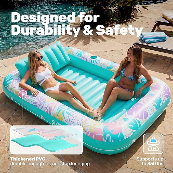 SLOOSH Inflatable Tanning Pool Lounger Float, 85" x 57" Pool Floats Adult with Pillow, 4 in 1 Suntan Tub Raft Floatie,Sunbathing Bed Lounge for Water Blow Up Ball Pit Party Gifts, L-Tropical Blue