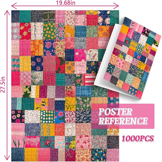 Sewing Patch 1000 Piece Puzzle for Adults, PICKFORU Vintage Quilt Patchwork Flower Art Puzzles, Impossible Difficult Colorful Theme as Wall Decor