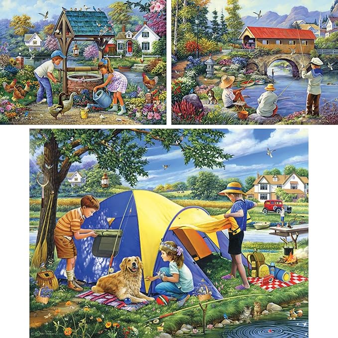 Bits and Pieces - Value Set of Three (3)- 300 pc Summer in The Village, Fishing by A Covered Bridge, Camping Close to Home Jigsaw Puzzle for Adults by Artist Oleg Gavrilov