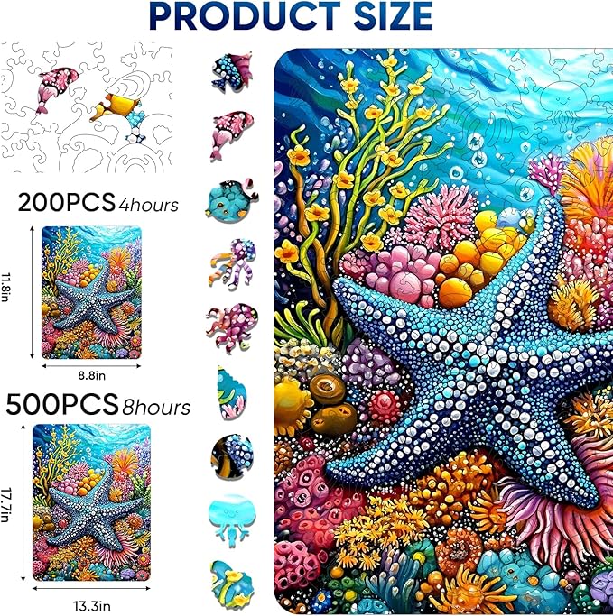 Mocfesk Wooden Puzzles for Adults, Starfish Wooden Puzzles 500 Pieces, Unique Shaped Underwater Ocean Jigsaw Puzzles for Adults and Kids, Birthday Gifts Fun Challenge Family Game 17.7 x 13.3 in