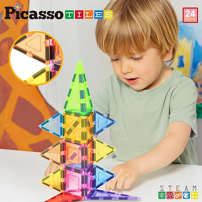 PicassoTiles Magnet Tile Building Block Set Magnetic Construction Square Triangle Tiles Toy Kit Sparking Creativity Geometric Shapes STEM Educational Learning Brain Development Kids Ages 3+ PB24