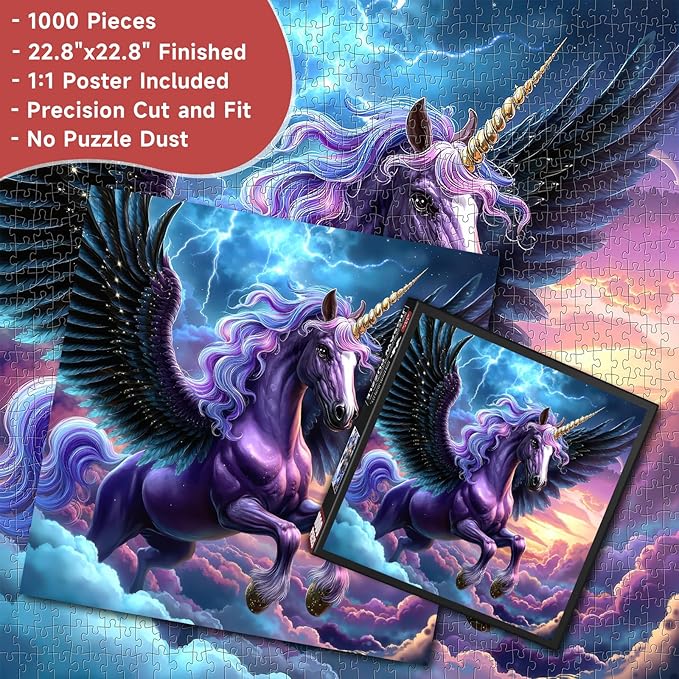 Majestic Purple Winged Unicorn 1000 Piece Jigsaw Puzzle for Adults - Fantasy Pegasus with Golden Horn & Storm Sky, Poster & Lettered Back, 22.8" Square HD Quality, Gift for Unicorn Lovers