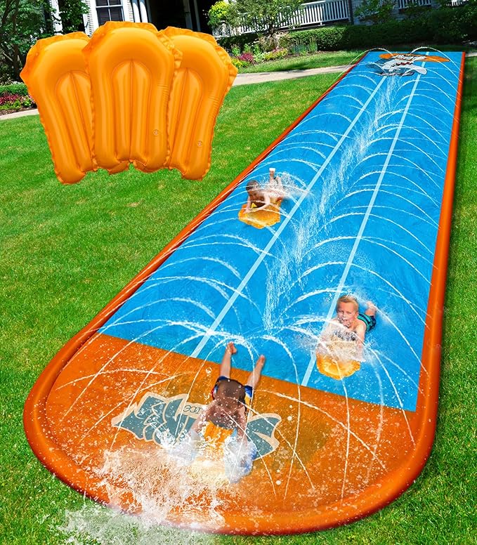 Spring Water Slip and Water Slide for Kids Backyard, 22ft*3 Racing Lanes Slip Water Slides with Sprinkler for Age 5-8 8-12, Summer Outdoor Water Toy with 3 Inflatable Bodyboards