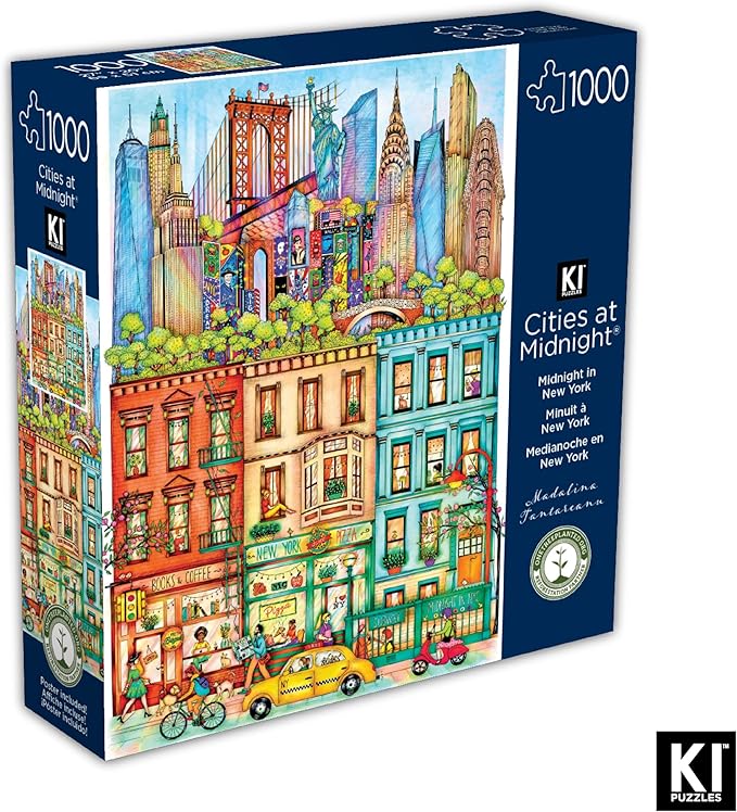 Hard & Challenging 1000 Piece Puzzle for Adults – Cities at Midnight New York by Madalina Tantareanu – Empire State Building, Statue of Liberty & Brooklyn Bridge – Difficult 27x20 Jigsaw by KI Puzzles