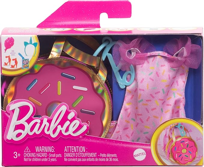 Barbie Clothes and Accessories, Deluxe Keychain Donut Bag with Pink Sprinkle Dress and Candy Themed Accessories for Barbie Dolls