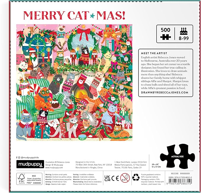Mudpuppy Merry Catmas! – 500 Piece Family Jigsaw Puzzle with Colorful and Fun Illustrations of Christmas Themed Cats for Children Ages 8 and Up