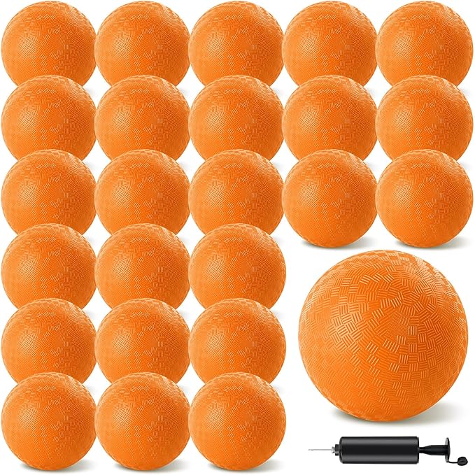 24 Pcs Dodgeballs 5 Inch Playground Ball Orange Kickball Inflatable Rubber Handball Bouncy Dodge Ball with 1 Hand Pump for Outdoors Ball Games Gym Camps Picnic (Orange)