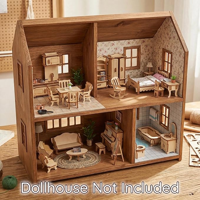 BOHS 34-Piece Dollhouse Furniture Set -1/24 Scale, Laser Cut Wooden 3D Puzzles - Miniature Doll House DIY Models and Accessories