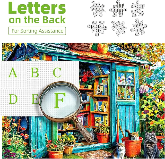 Blueforest 1000 Piece Puzzle for Adults - Cozy Garden Shed Bookshelf & Cats Art, 27.5x19.7 Inches Premium Jigsaw Puzzle for Relaxation & Home Decor
