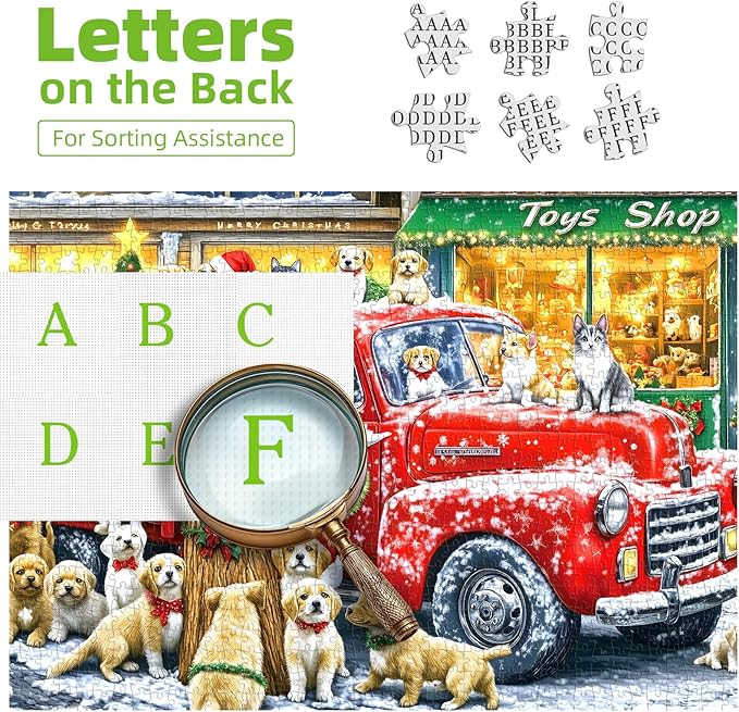 Christmas Puzzle Jigsaw Puzzles for Adults 1000 Pieces Red Truck and Dog, Santa Claus Toy Shop with Letters on Back No Dust for Holiday Party Family Fun Decor, Finished Size 27.5" x 19.7"