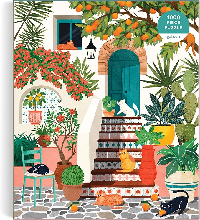 Galison Mediterranean Cats – 1000 Piece Jigsaw Puzzle Featuring Beautiful Artwork of A Citrus Inspired Stoop with Cats