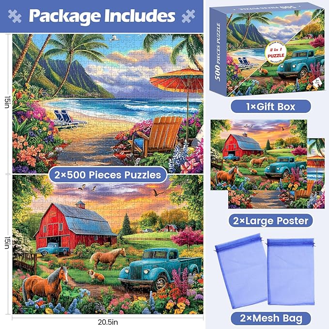 2 Pack 500 Pieces Puzzle for Adults, US Country Life Farm Puzzles for Adults Seniors, Horse Cow Tractor Flower Jigsaw Puzzles 500 Pieces, Colorful Challenging Puzzles 20.5 * 15
