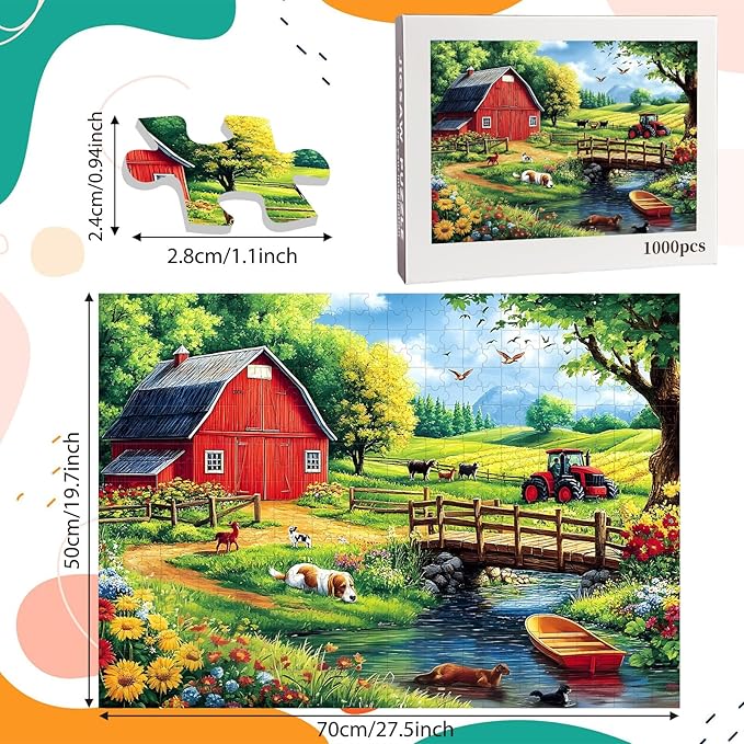 1000 Piece Farm Barn Jigsaw Puzzle for Adults, Fields Grass Puzzles for Adults 1000 Pieces, Challenging Puzzle for Friends Family Activity Game Nights, Finished Size 27.6" x 19.7"