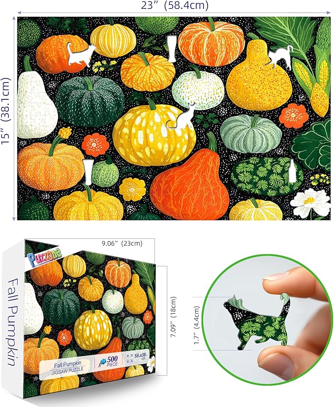 500 Piece Puzzle for Adult Colorful Pumpkins, Gourds & Autumn Squash Fall Vegetables Jigsaw Puzzle- Floral Elements (Flowers/Leaves) Harvest Game, Thick Cardboard, Ideal Gift for Adults