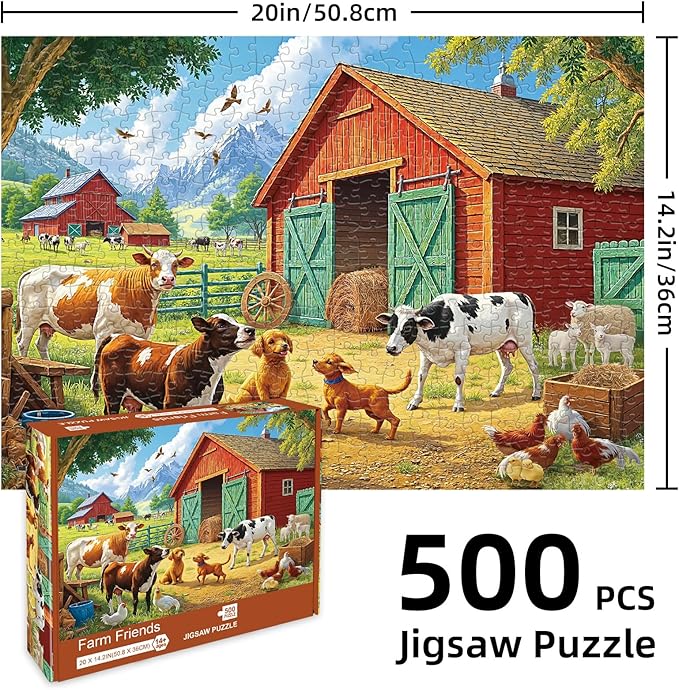 Sutinban Spring Farm Animal Jigsaw Puzzles for Adults 500 Pieces, Challenging Country Life Cows, Dogs, Chickens Puzzles for Adults Seniors, Family Game Decor Birthday Gift