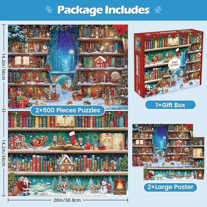 Sutinban 2 Pack Christmas Bookshelf 500 Piece Puzzles for Adults, Jigsaw Puzzle for Adults Seniors, Challenging Colorful Puzzles Family Game Gift Decor 20.0 * 14.2