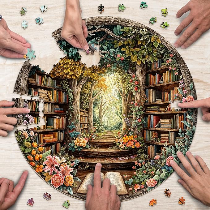 1000 Piece Round Jigsaw Puzzles for Adults, Forest Bookshelf Library, 26.5" Large Circular Puzzle with Letters on Back, Challenging Family Game & Wall Decor, Ideal Gift for Book Lover