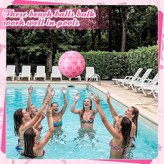 12 Pcs 9 Inch Pink Bow Inflatable Beach Balls Coquette Cute Pool Floats PVC Balls for Summer Hawaiian Tropical Theme Beach Pool Bachelorette Party Supplies (Pink)