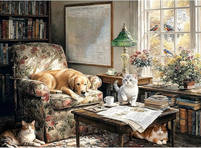 500 Piece Puzzle for Adults – Cats and Dog on Floral Sofa with Birds Jigsaw Puzzle, Challenging Perfect for Game Nights, 20.5 X 15 in