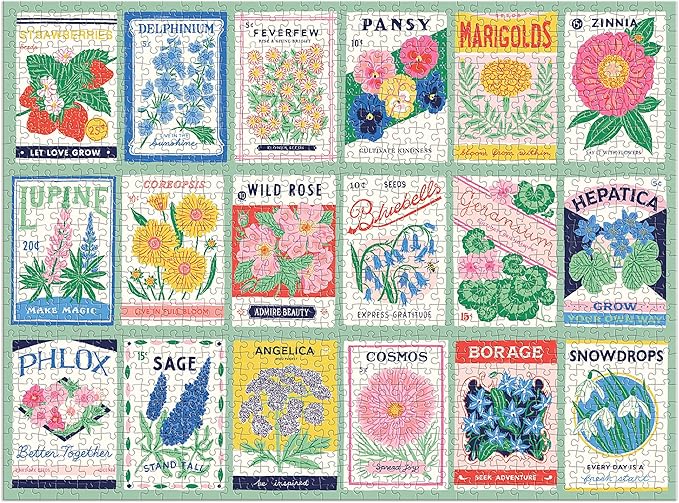 Galison Ever Upward – 1000 Piece Puzzle Fun and Challenging Activity with Bright and Bold Artwork of Vintage Style Flower Seed Packets for Adults and Families