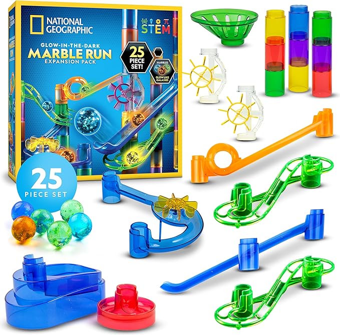 NATIONAL GEOGRAPHIC Glowing Marble Run Expansion Pack - 5 Glow in The Dark Glass Marbles, 20 Construction Pieces, Great Creative STEM Toy for Girls and Boys, Marble Maze