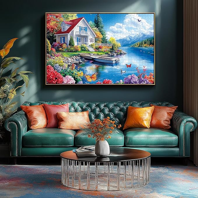 1000 Piece Jigsaw Puzzle for Adults, Lakeside Cottage Mountain House Puzzles for Family, Decoration, Gifts, Party Game, Finished Size 27.5" x 19.7"