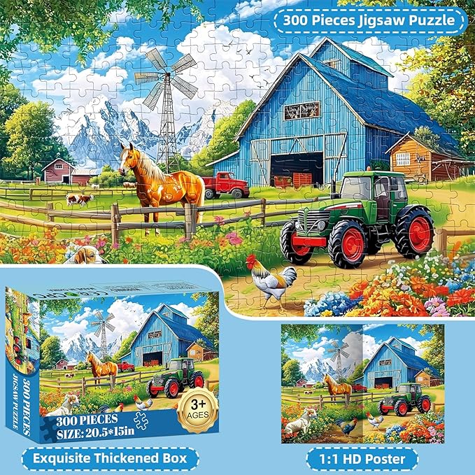300 Pieces Puzzles for Adults,Farm Animals Puzzles for Adults,Large Piece Puzzle for Seniors,Fun Horse Jigsaw Puzzles,Puzzle for Kids Ages 8-10,Challenging Family Game,Holiday Party Gift,20.5 x 15 in